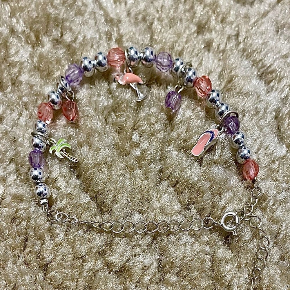 Silver, Purple and Pink Beaded Summer Charms Bracelet